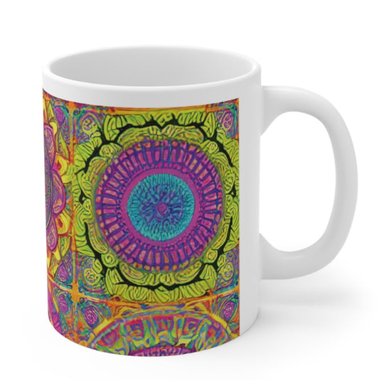 Colorful Mandala Patterns 2.  C-Handled 11 oz mug. Porcelain Not Ceramic. Printed & Glazed Not Dye Sublimation. Dishwasher / Microwave Safe